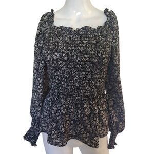 Max Studio  Blouse‎ Women's S Black Floral Peasant Long Sleeves Smocked Corset